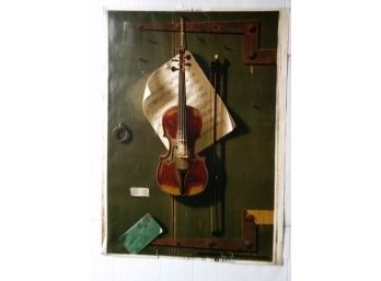 Antique Original 1887 Multi-Layered Lithograph 'The Old Violin' William Harnett 36' By 26' Sheet