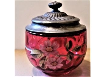 Blown Cranberry Glass W/ Hand Painted Enameled Flowers & Pewter Lid, 19th Century