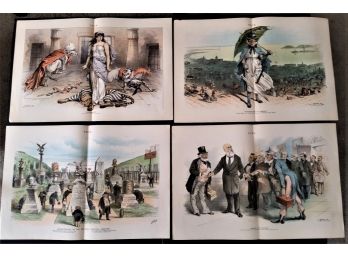 Set Of 4 Antique  Double Page 'PUCK' Political Cartoons, 1880s