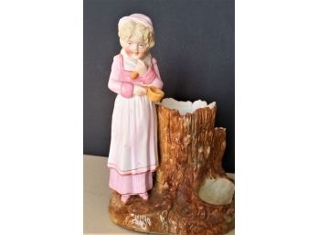 Vintage Bisque Organizer/ Planter With Young Girl Figurine