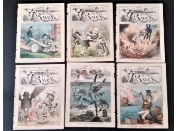 Set Of 6 Antique 'PUCK' Political Cartoons, 1880s