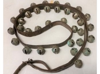 Antique Turn-of-the-Century Sleigh Bells On 7 Foot Long Strap W/35 Brass Bells
