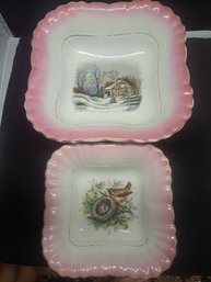 Set Of Victorian Pink Bowls With Bird And Cabin