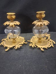 Pair Of French Ormolu Brass Candle Holders With Glass Center