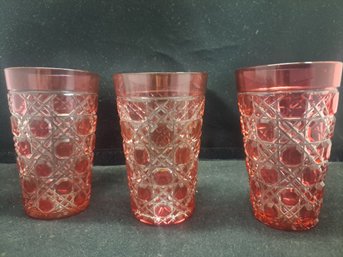 3 Cranberry Cut To Clear Juice Glasses 4'