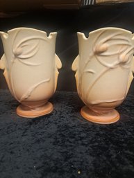 Pair Of Roseville Pottery Teasel Vase #881-6 Ivory