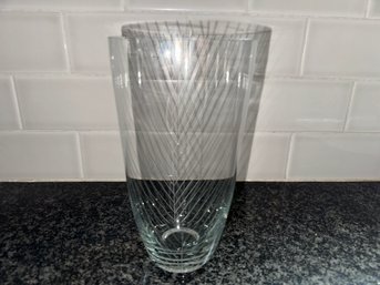 Delicate Etched Design Tall Glass Vase Signed