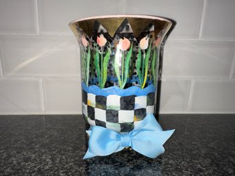 MacKenzie Childs Heirloom Glass Footed Vase With Courtly Check And Tulips