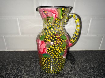 MacKenzie Childs 1991 Circus Auntie Cathryn Hand Painted Glass Pitcher