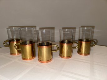 Vintage Beucler Glass With Copper And Brass Holder Set Of 5