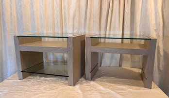 Two Modern Linen Wrapped Glass Bedside Tables