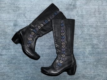 NAOT Tall Black Leather Boots With Blue Purple Gold Iridescent Buttons