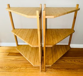 Pair Of Triangular 3 Shelf Bamboo Side Tables