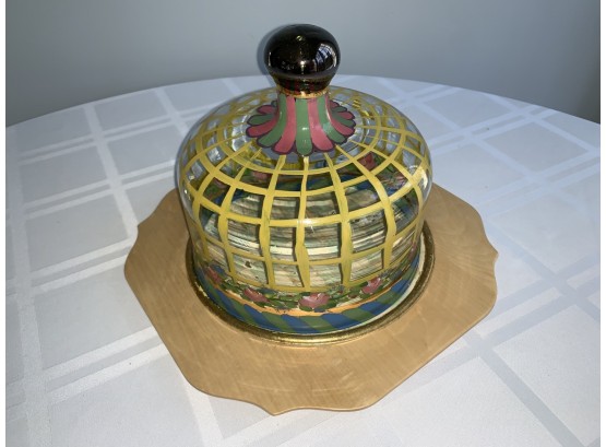 MacKenzie Childs Tattersall Glass Cheese Pastry Cake Dome And Wood Charger