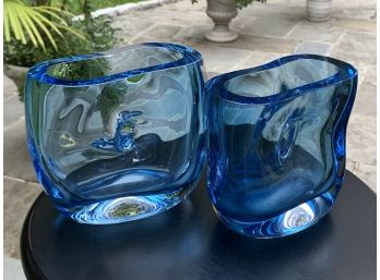 Striking Pair Of Mats Jonasson - Klas-Goran Tinback Blue Pinched Vases -Sweden
