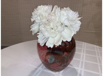 Etched Round Red Vase With Faux White Peonies