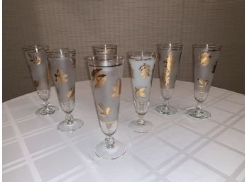 Set Of 7 1960s Libbey Frosted Gold Tall Pilsner Glasses