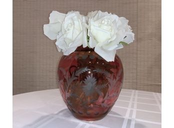 Red Etched Round Base With Faux White Roses