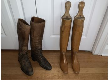 Antique Leather Riding Boots With Wooden Boot Forms