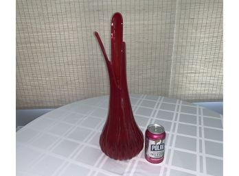 LE Smith Simplicity Red Ribbed Swung Glass Vase MCM Vintage
