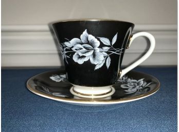 Vintage AYNSLEY Black With White Roses Tea Cup & Saucer