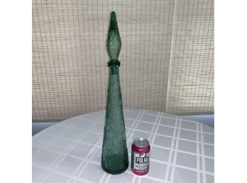 MCM Empoli Italy Green Glass Wax Drip Genie Decanter With Bamboo Texture