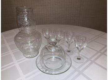 Trio Of Etched Glass Items