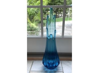 Vintage LE Smith Vase Simplicity Ribbed Swung Peacock Blue Ribbed 22 Inches Tall