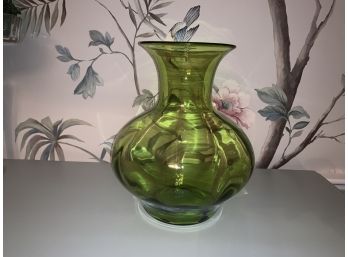 Brilliant Blenko Olive Green Bulbous Ribbed Vase - A Stunner!