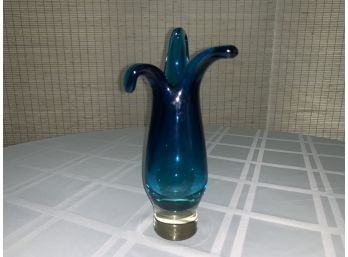 Vintage Blue 3 Finger Art Glass Swung Vase