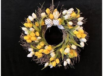 Wreath With White And Yellow Faux Tulips And Twigs