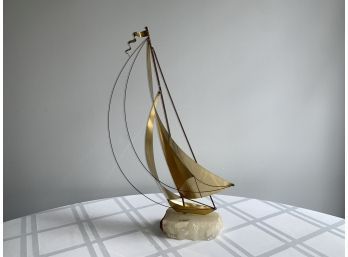 John DeMott Signed Brass Sail Boat Sculpture Mounted On A Stone Base