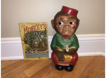 Unique Ceramic Painted Monkey Coin Bank And Antique Booklet