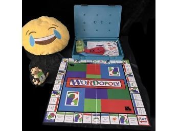 WORDopoly Board Game, Small Stuffed Dog, Big Smiley Emoji Stuffy
