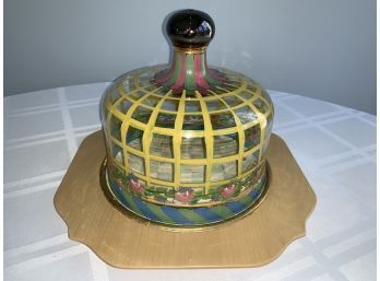 MacKenzie Childs Tattersall Glass Cheese Pastry Cake Dome And Wood Charger