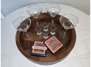Happy Hour! 4 Margarita 4 Libbey Shot Glasses In Wooden Tray With New Box Of Coasters