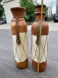Unique Pair Of Large Southwest Drum Style Vases With Leather And Rope Accents 42' Tall