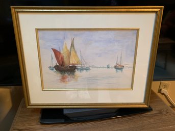 Nicely Framed Watercolor Of Boats