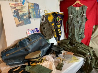 Large Vintage Naval Lot - BUWEPS, Navagational Tools, Flags, Hats, Survival Kit, Swords Case