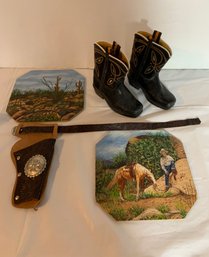 Vtg Boys Cowboy Lot - Boots, Artwork, Holster
