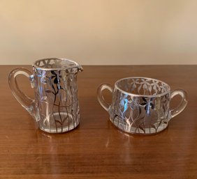 Vtg Glass W/ Sterling Silver Overlay Open Sugar Bowl And Creamer