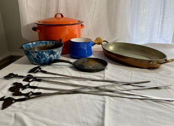 Vtg Enamelware, Copper, Skewers And Wrought Iron Sample Pan Lot