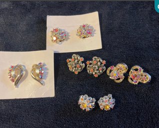 Vintage Lot Of Clip On Earrings Mix Of Iridescent Rhinestone