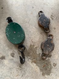 Vintage Pulley Lot - Green Wood And 2 Small Metal