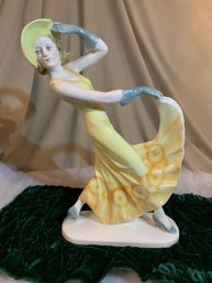 Beautiful Porcelain Woman In Yellow Dress Figurine Marked Foreign