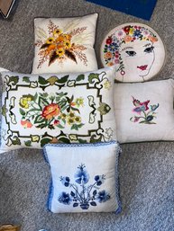 5 Vintage Embroidered Pillows