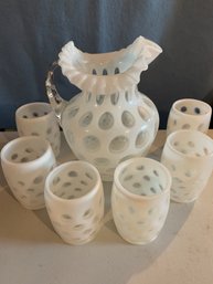 Vintage Fenton Opalescent Coin Dot Pitcher With 6 Glasses