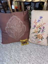 3 Vintage Embroidered Pillows Floral And Butterfly