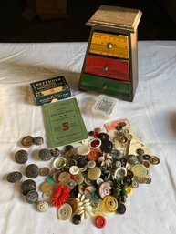Vtg Sewing Lot - Very Old Buttons, Pins, Box, Singer No.99 Instructions