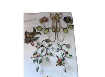 Vintage Metal Toleware With Flowers And Birds - 5 Pieces